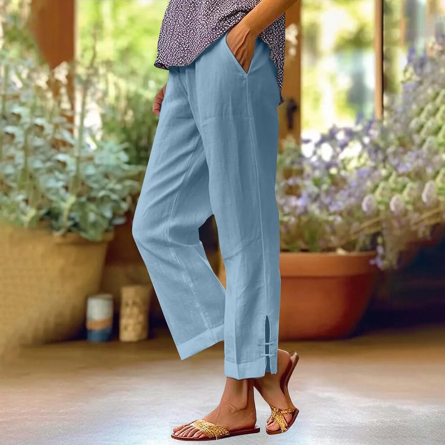 Women's Solid Cotton Linen Straight Pants High Waist Lounge Trouser Breathable Comfy Trousers for Casual Summer School