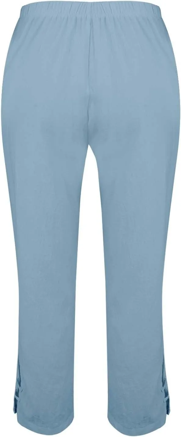 Women's Solid Cotton Linen Straight Pants High Waist Lounge Trouser Breathable Comfy Trousers for Casual Summer School