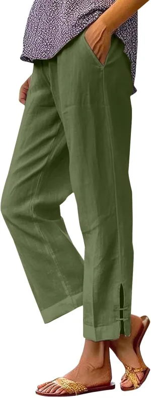 Women's Solid Cotton Linen Straight Pants High Waist Lounge Trouser Breathable Comfy Trousers for Casual Summer School