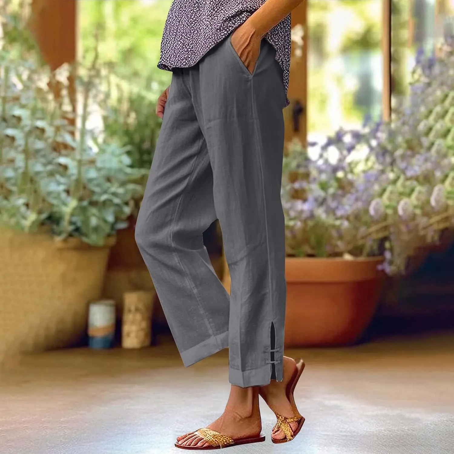 Women's Solid Cotton Linen Straight Pants High Waist Lounge Trouser Breathable Comfy Trousers for Casual Summer School