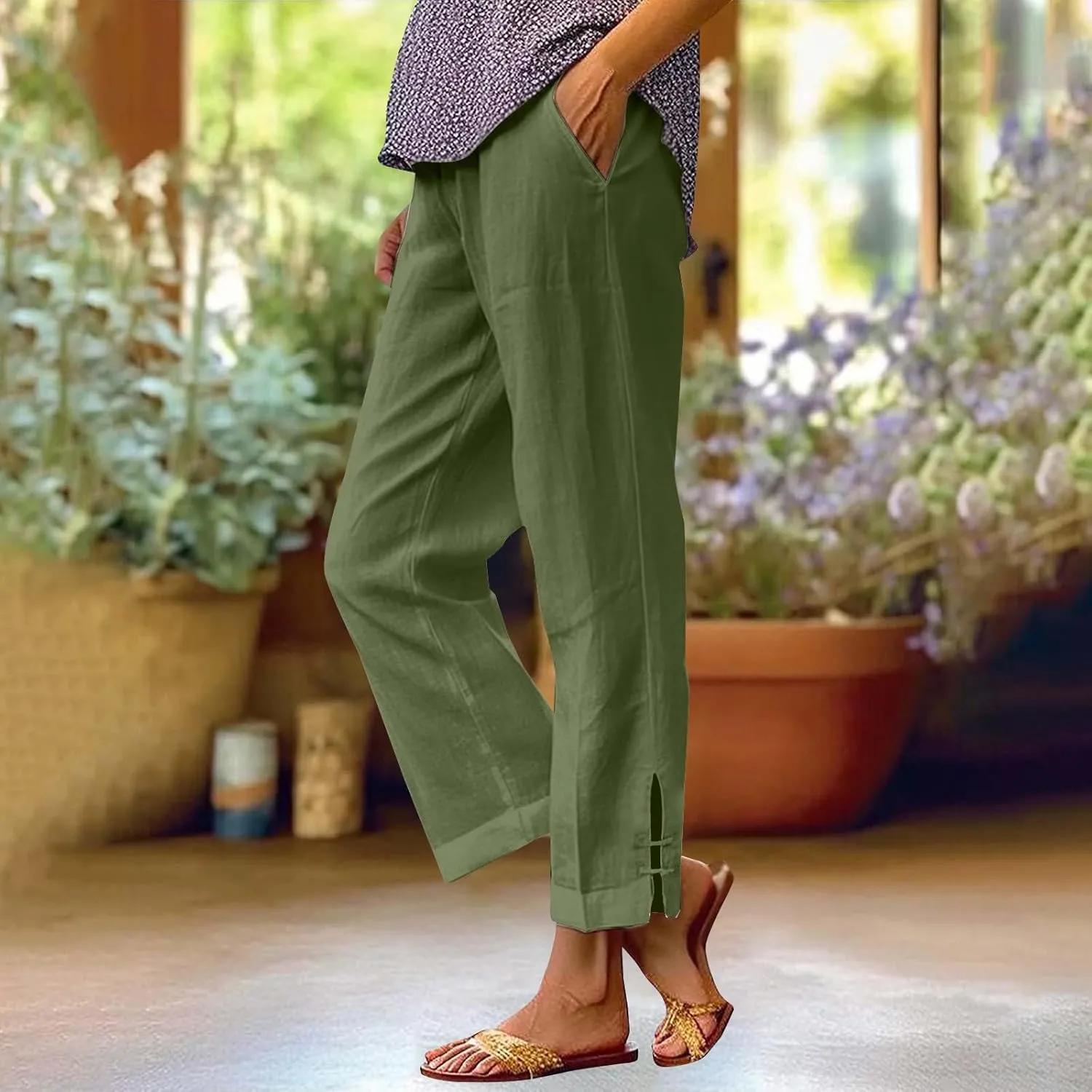 Women's Solid Cotton Linen Straight Pants High Waist Lounge Trouser Breathable Comfy Trousers for Casual Summer School
