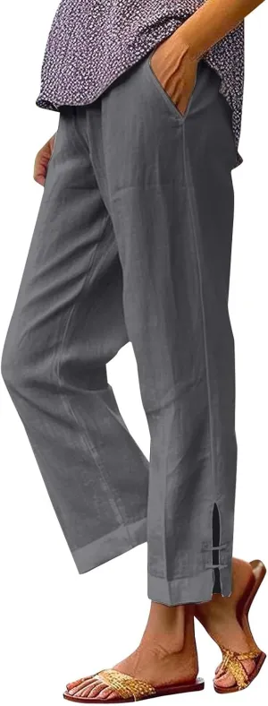 Women's Solid Cotton Linen Straight Pants High Waist Lounge Trouser Breathable Comfy Trousers for Casual Summer School