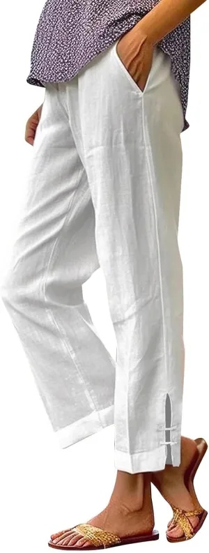 Women's Solid Cotton Linen Straight Pants High Waist Lounge Trouser Breathable Comfy Trousers for Casual Summer School