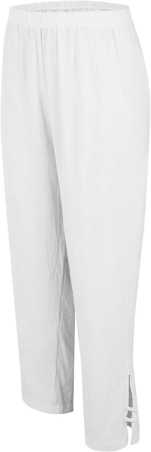 Women's Solid Cotton Linen Straight Pants High Waist Lounge Trouser Breathable Comfy Trousers for Casual Summer School