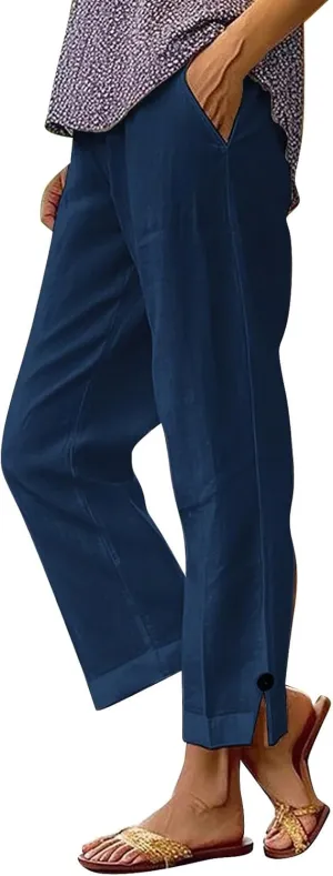 Women's Solid Cotton Linen Straight Pants Wide Leg Trouser with Buttons Classic Breathable Elastic Summer Casual Trousers