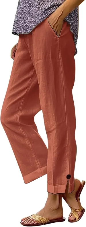 Women's Solid Cotton Linen Straight Pants Wide Leg Trouser with Buttons Classic Breathable Elastic Summer Casual Trousers