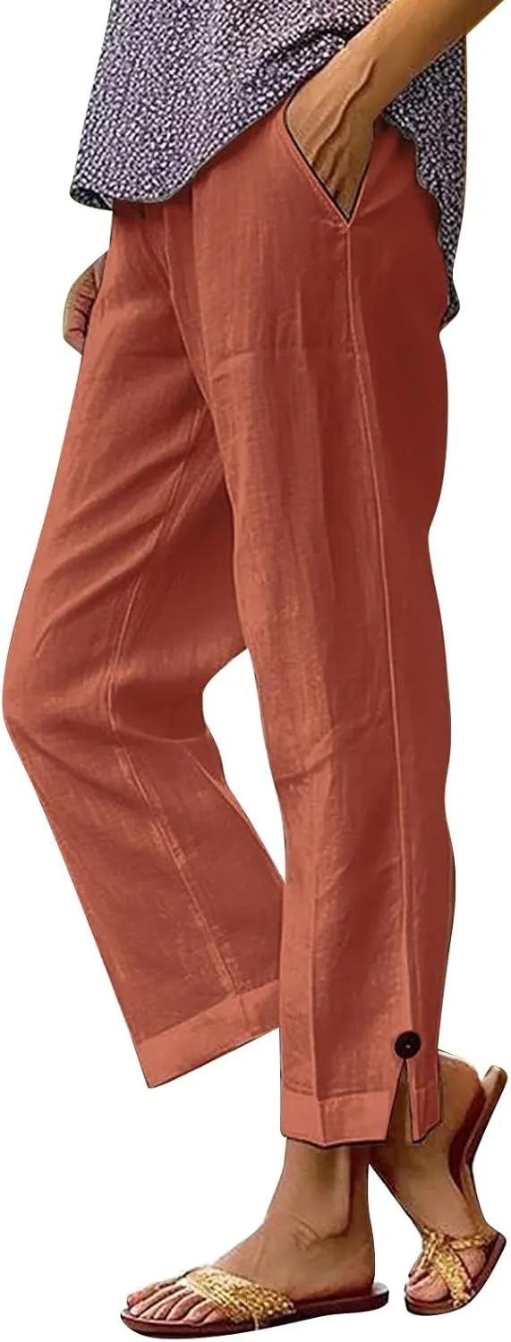 Women's Solid Cotton Linen Straight Pants Wide Leg Trouser with Buttons Classic Breathable Elastic Summer Casual Trousers