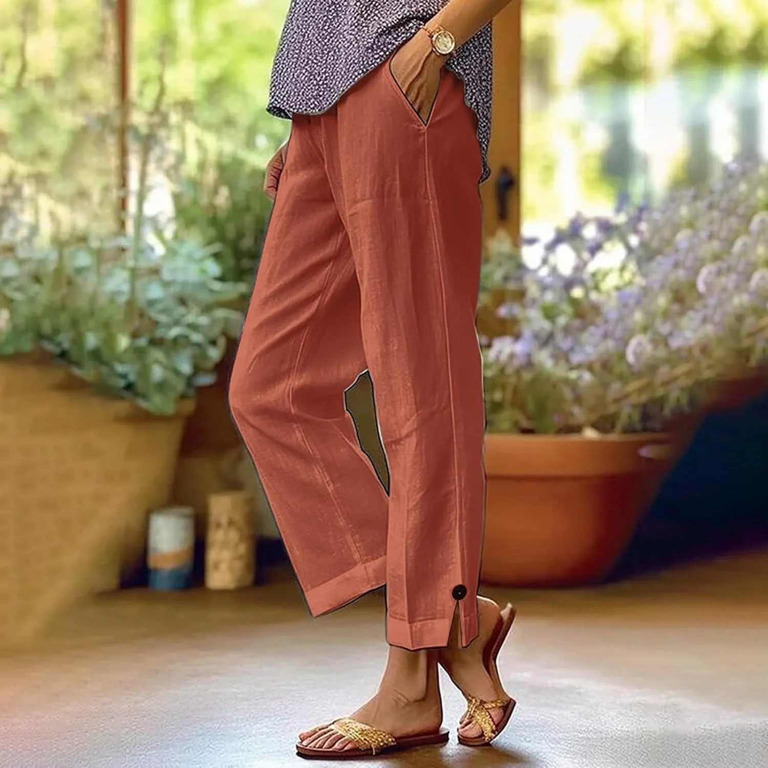 Women's Solid Cotton Linen Straight Pants Wide Leg Trouser with Buttons Classic Breathable Elastic Summer Casual Trousers