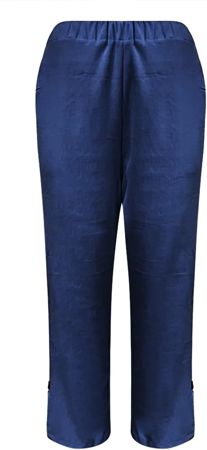Women's Solid Cotton Linen Straight Pants Wide Leg Trouser with Buttons Classic Breathable Elastic Summer Casual Trousers