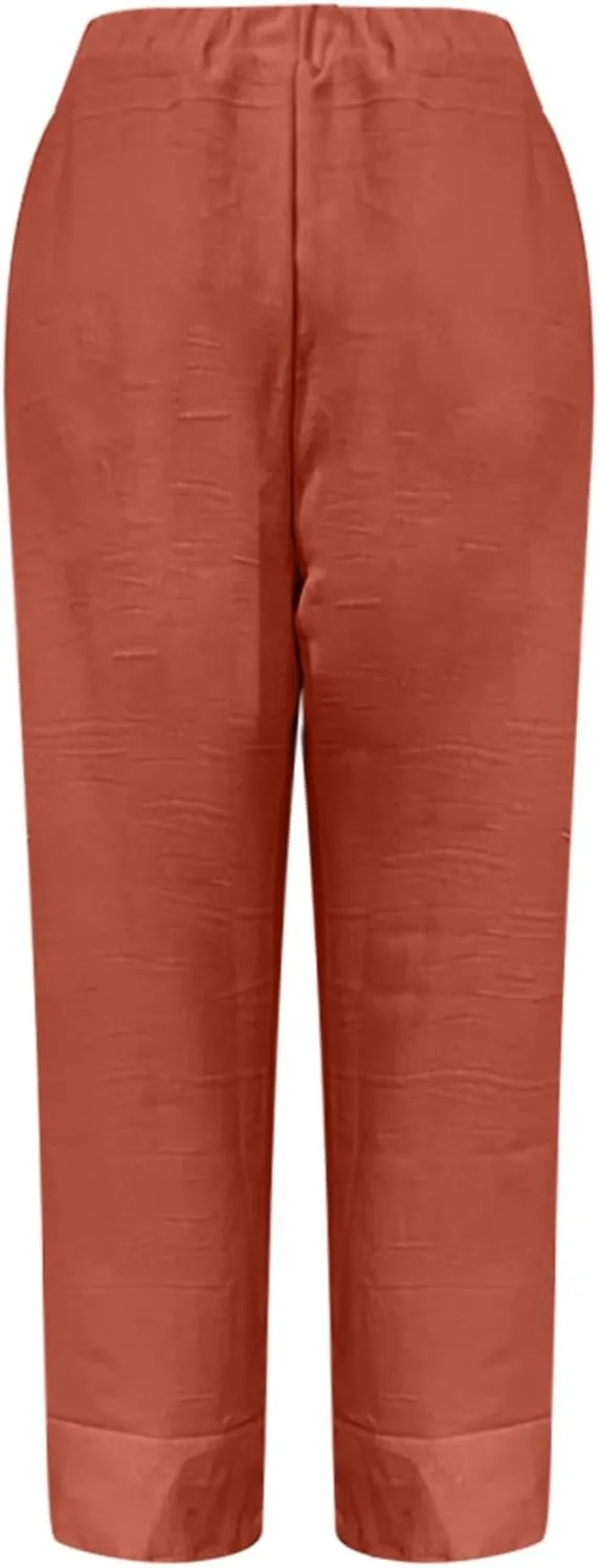 Women's Solid Cotton Linen Straight Pants Wide Leg Trouser with Buttons Classic Breathable Elastic Summer Casual Trousers
