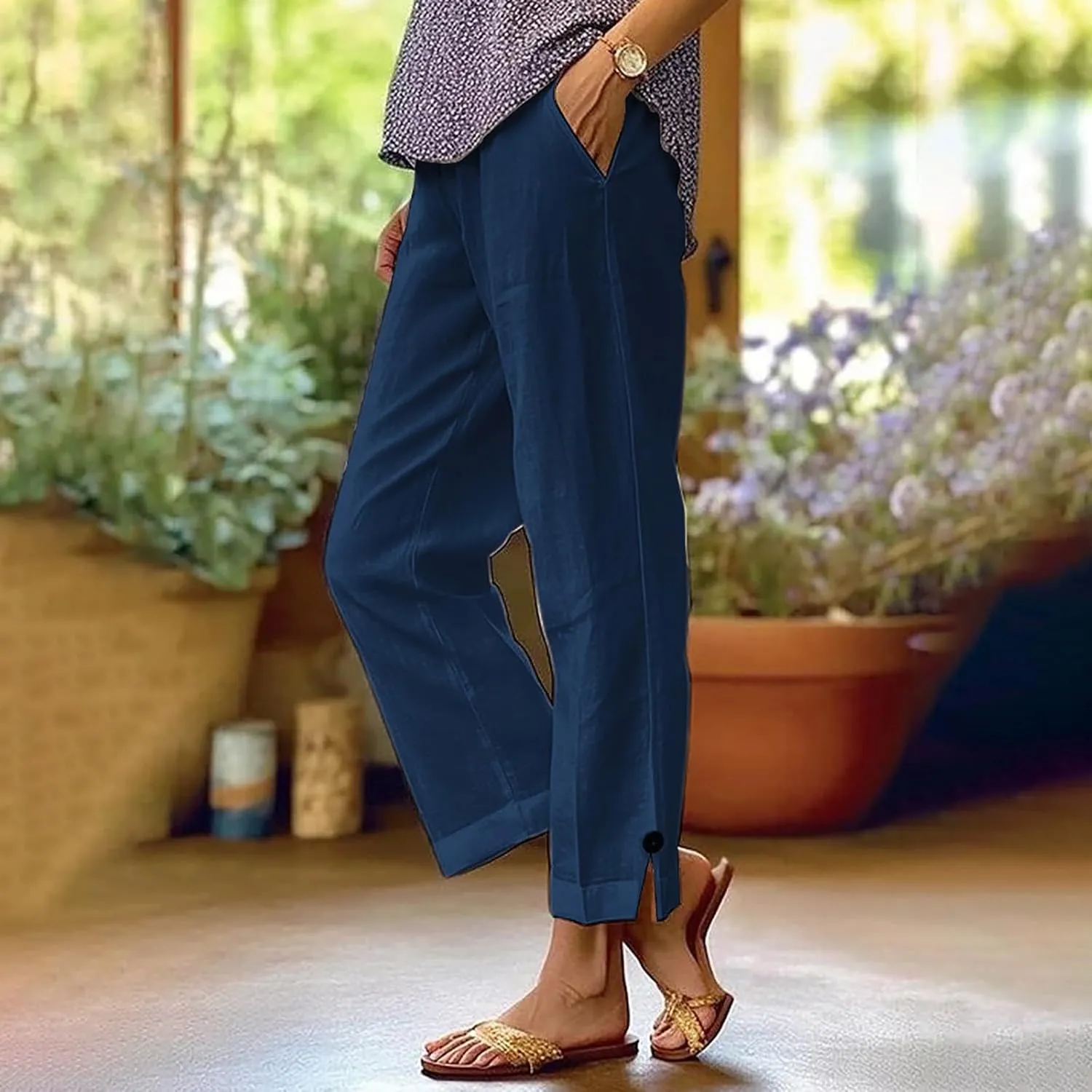 Women's Solid Cotton Linen Straight Pants Wide Leg Trouser with Buttons Classic Breathable Elastic Summer Casual Trousers