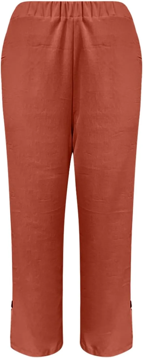 Women's Solid Cotton Linen Straight Pants Wide Leg Trouser with Buttons Classic Breathable Elastic Summer Casual Trousers