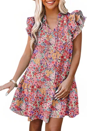 Womens Summer Dresses 2025 V-Neck Drawstring Ruffle Cap Short Sleeve Side Pockets Mini Dress Sundress