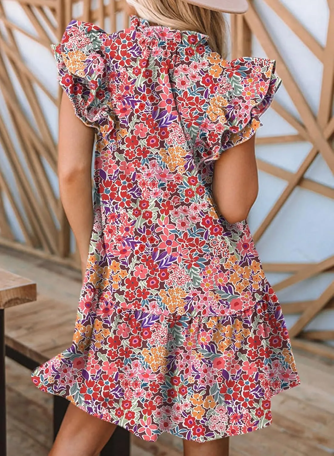 Womens Summer Dresses 2025 V-Neck Drawstring Ruffle Cap Short Sleeve Side Pockets Mini Dress Sundress