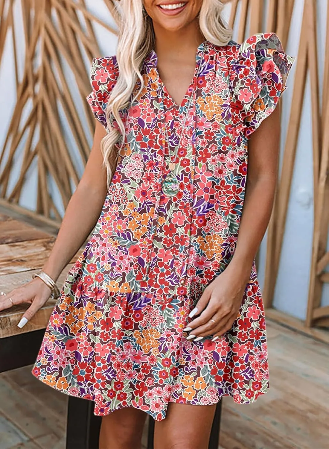 Womens Summer Dresses 2025 V-Neck Drawstring Ruffle Cap Short Sleeve Side Pockets Mini Dress Sundress