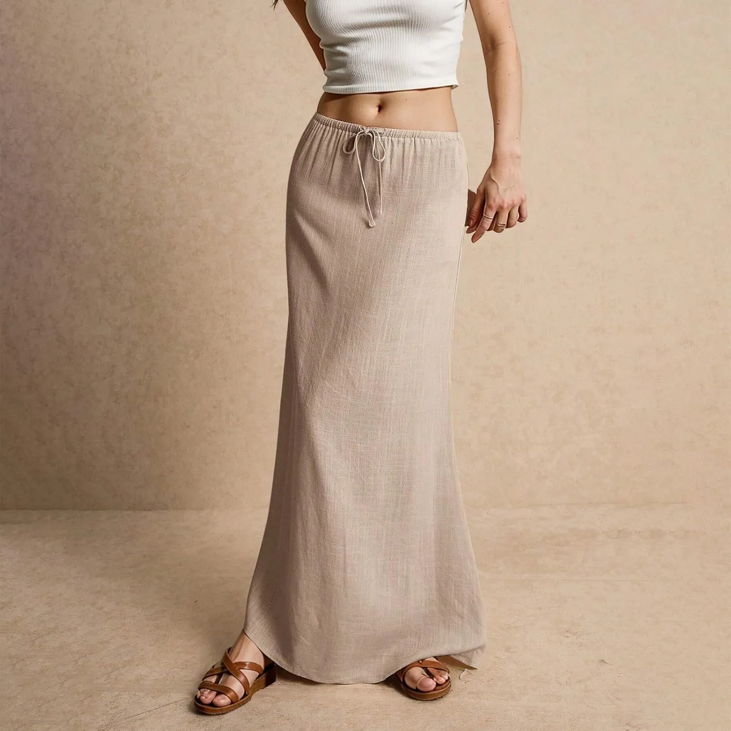 Women's Summer Maxi Linen Skirt Elastic Low Waist Drawstring A-Line Casual Skirts Boho Flowy Beach Long Skirts