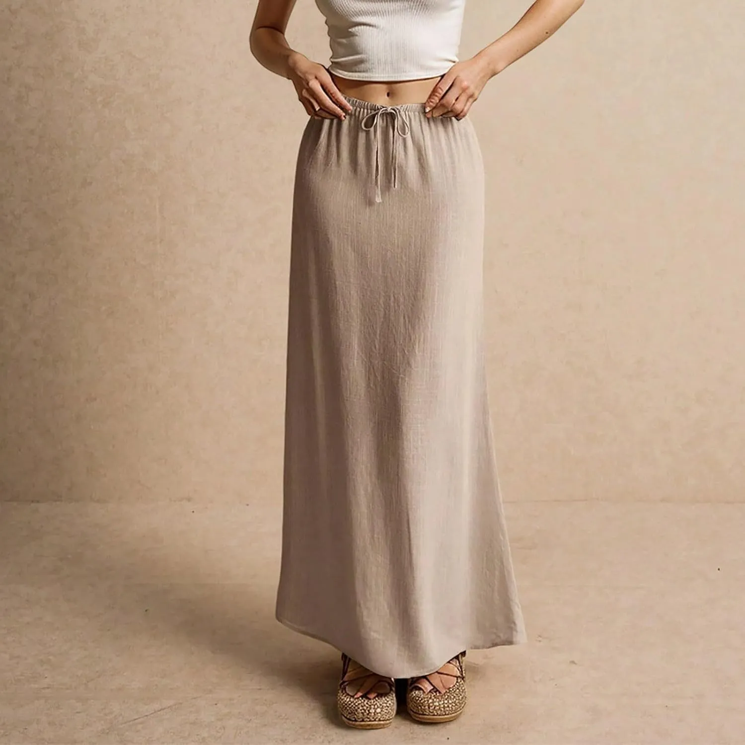 Women's Summer Maxi Linen Skirt Elastic Low Waist Drawstring A-Line Casual Skirts Boho Flowy Beach Long Skirts