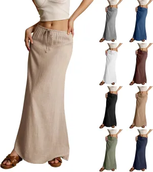 Women's Summer Maxi Linen Skirt Elastic Low Waist Drawstring A-Line Casual Skirts Boho Flowy Beach Long Skirts