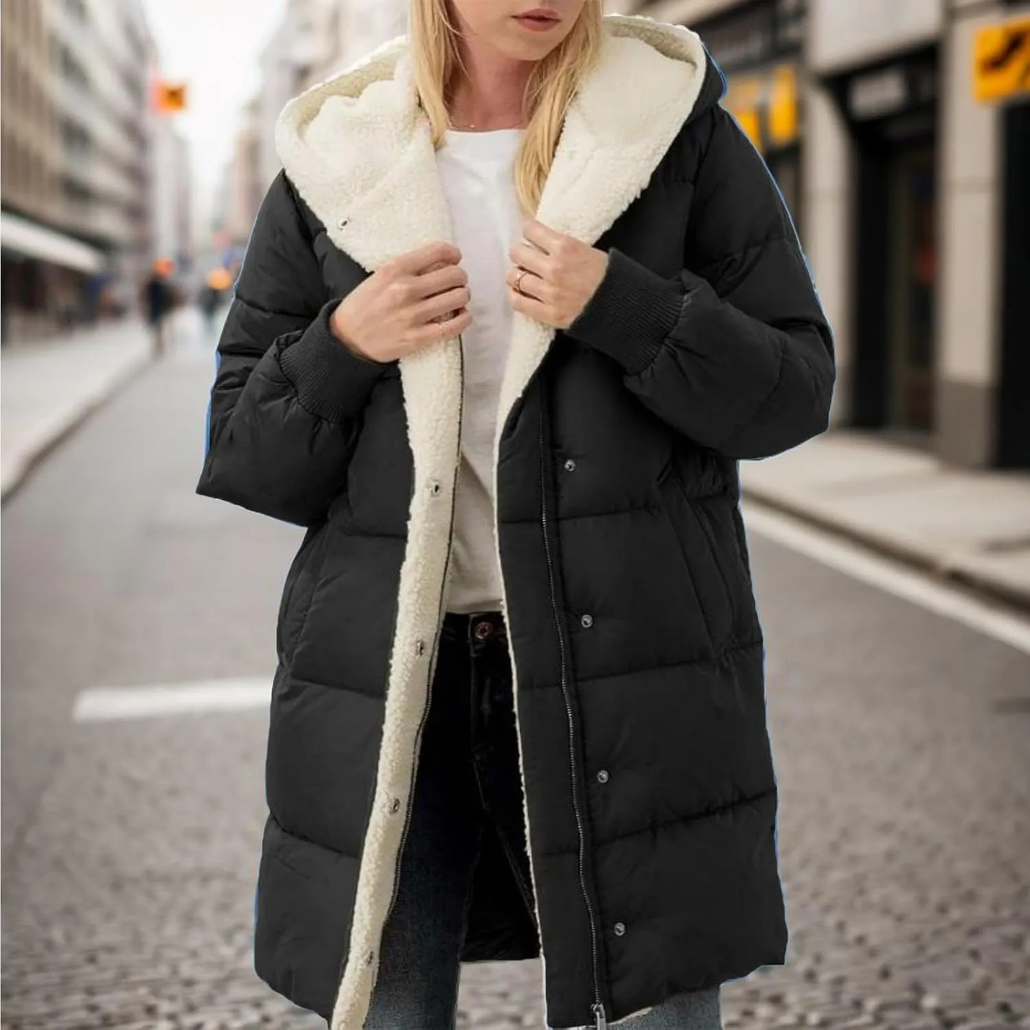 Women's Thicken Puffer Sherpa Fleece Lined Coats Winter Warm Long Down Jacket with Hood