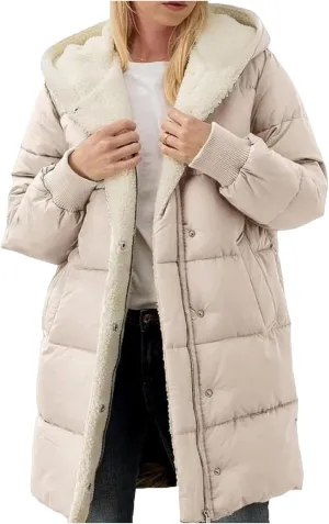 Women's Thicken Puffer Sherpa Fleece Lined Coats Winter Warm Long Down Jacket with Hood