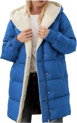 Women's Thicken Puffer Sherpa Fleece Lined Coats Winter Warm Long Down Jacket with Hood