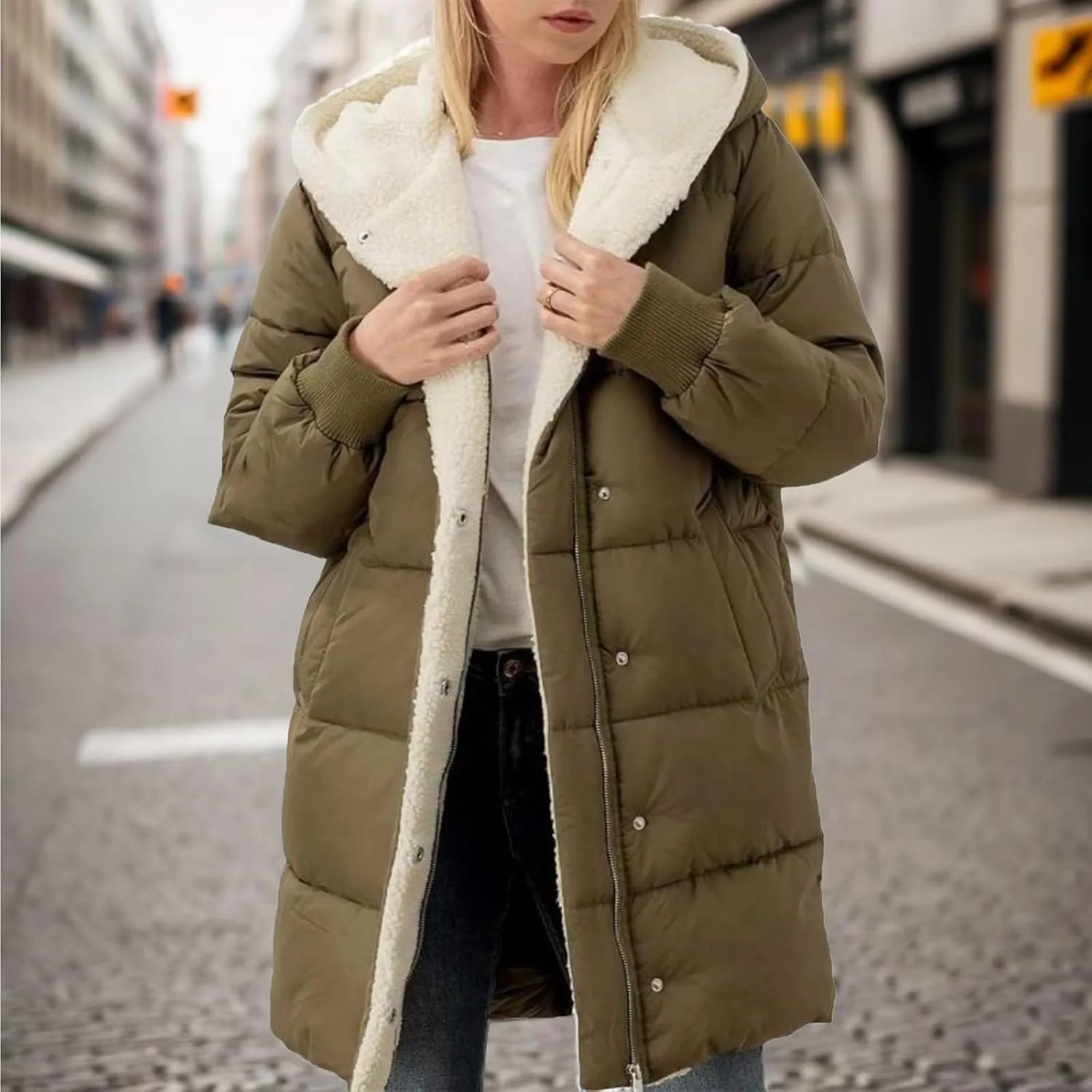 Women's Thicken Puffer Sherpa Fleece Lined Coats Winter Warm Long Down Jacket with Hood
