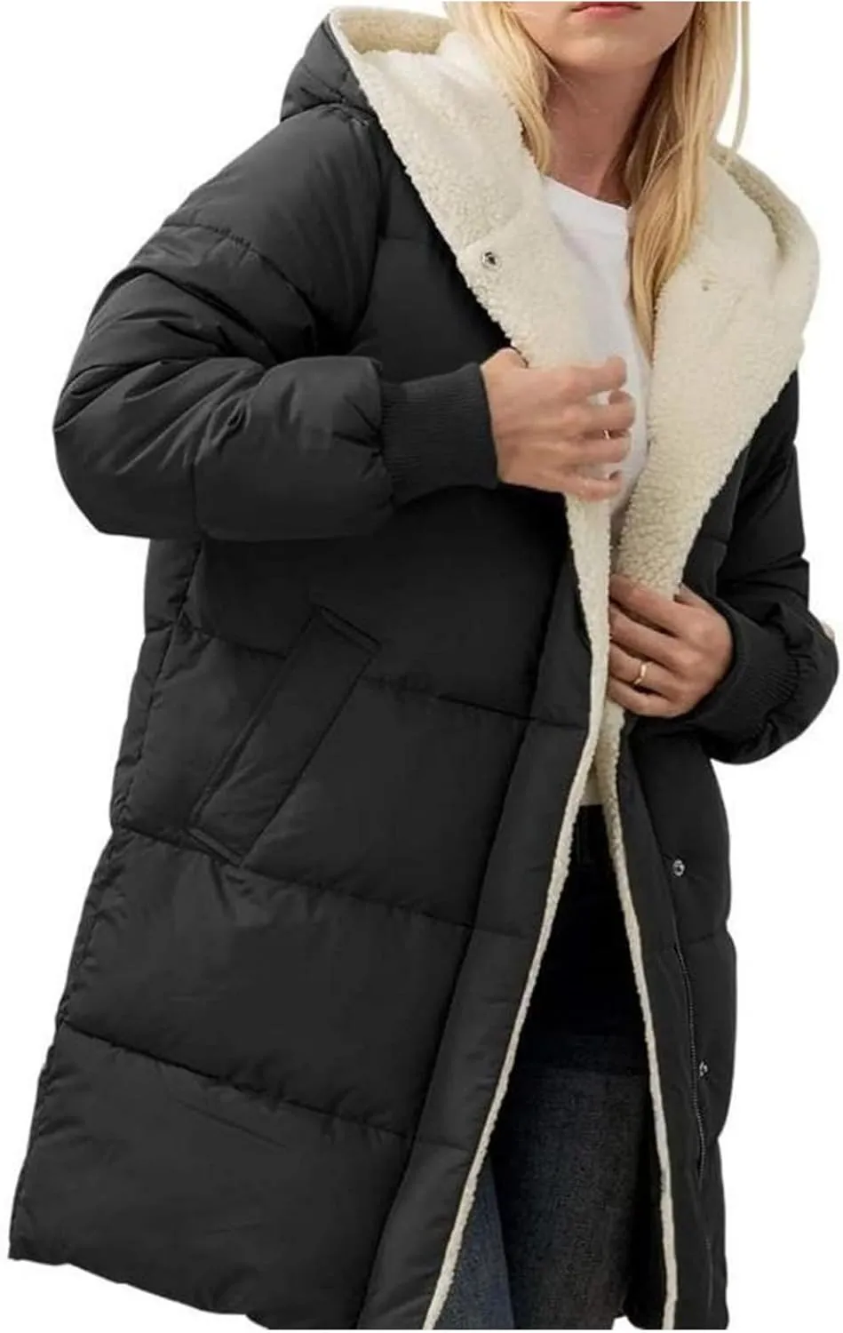 Women's Thicken Puffer Sherpa Fleece Lined Coats Winter Warm Long Down Jacket with Hood