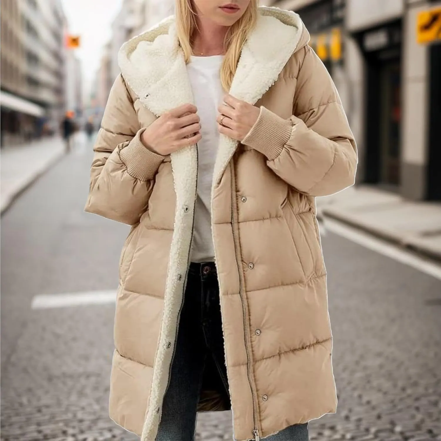 Women's Thicken Puffer Sherpa Fleece Lined Coats Winter Warm Long Down Jacket with Hood