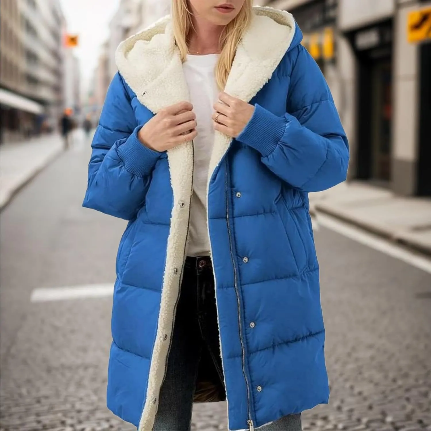 Women's Thicken Puffer Sherpa Fleece Lined Coats Winter Warm Long Down Jacket with Hood