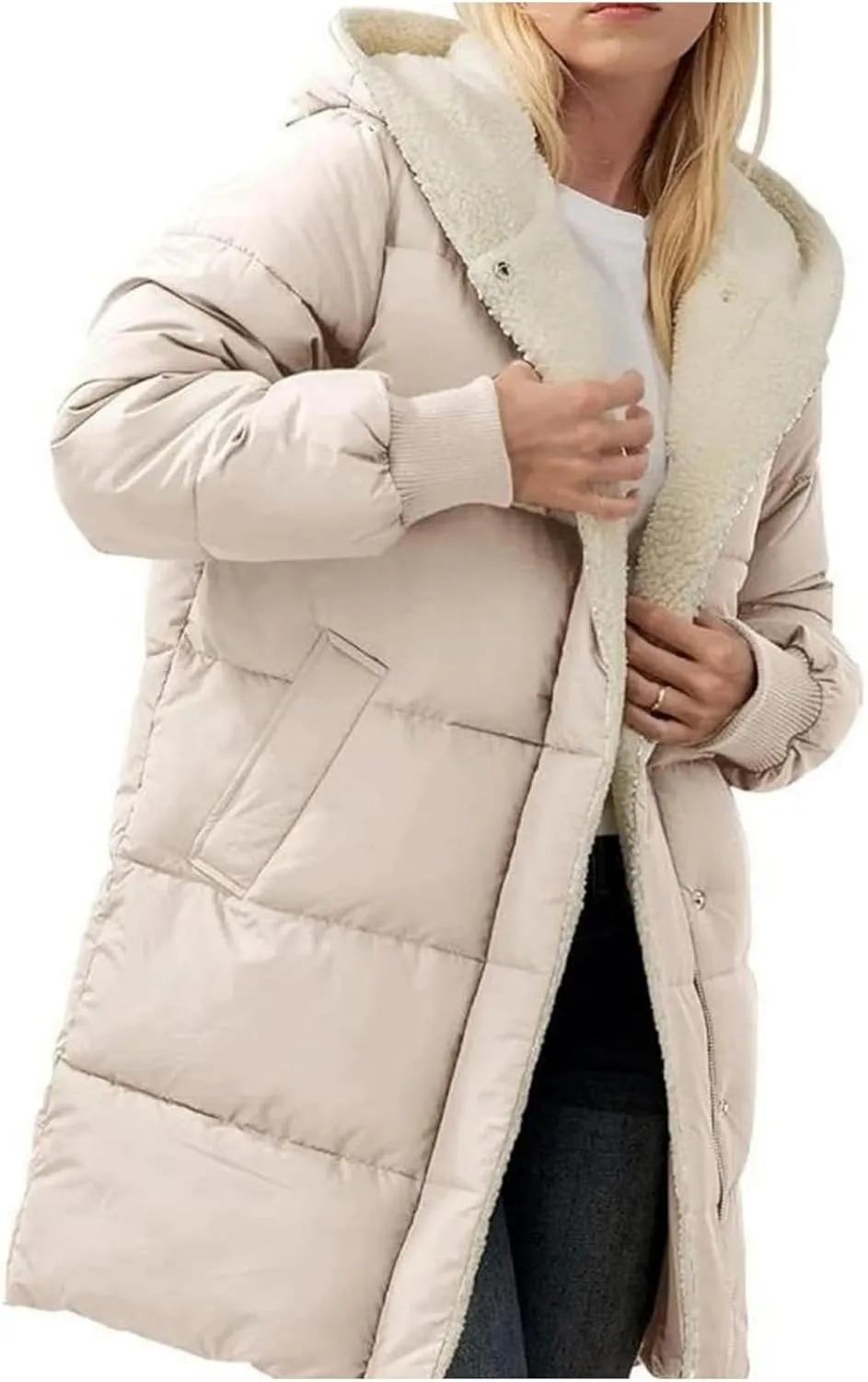 Women's Thicken Puffer Sherpa Fleece Lined Coats Winter Warm Long Down Jacket with Hood