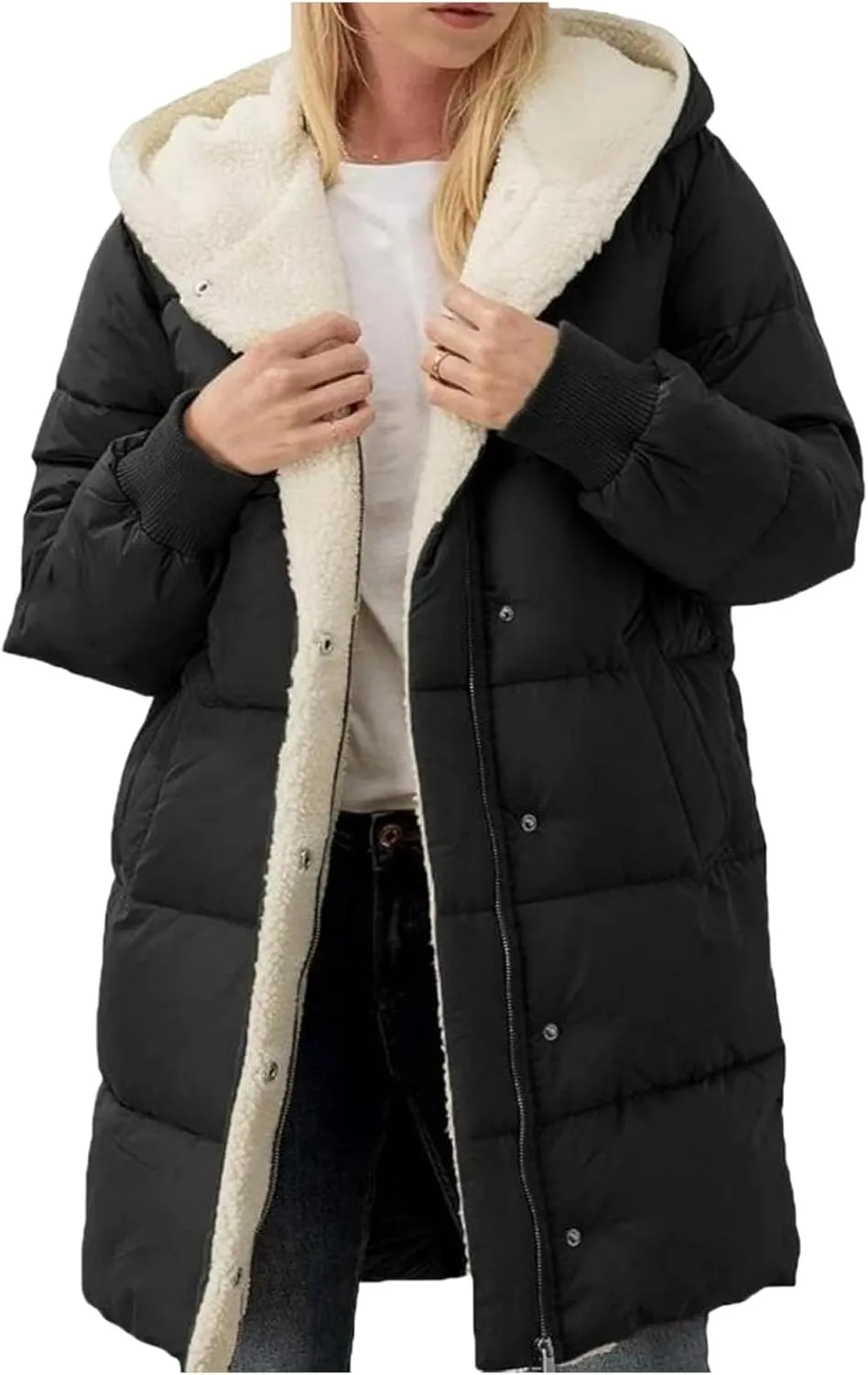 Women's Thicken Puffer Sherpa Fleece Lined Coats Winter Warm Long Down Jacket with Hood
