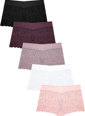 Womens Underwear Lace Boy Shorts Breathable Panties Stretch Cotton Waistband Underwear Women 5 Pack
