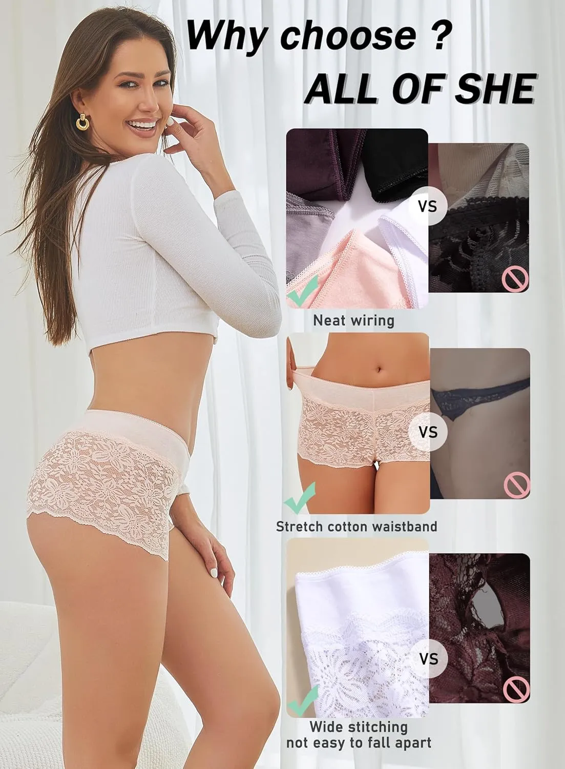 Womens Underwear Lace Boy Shorts Breathable Panties Stretch Cotton Waistband Underwear Women 5 Pack