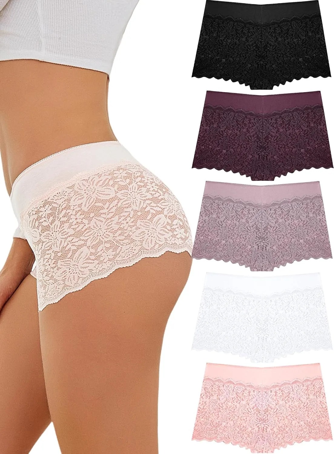 Womens Underwear Lace Boy Shorts Breathable Panties Stretch Cotton Waistband Underwear Women 5 Pack