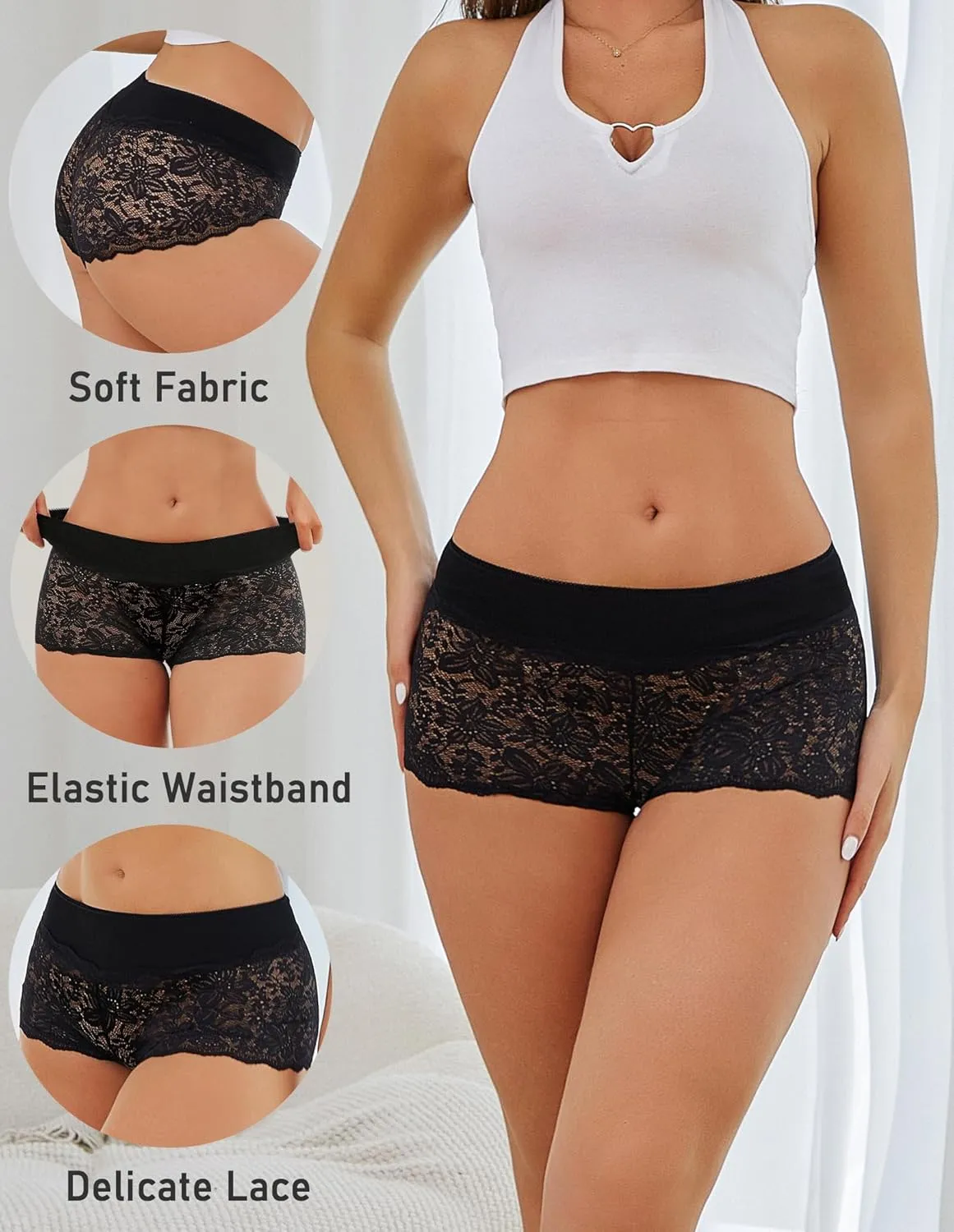 Womens Underwear Lace Boy Shorts Breathable Panties Stretch Cotton Waistband Underwear Women 5 Pack