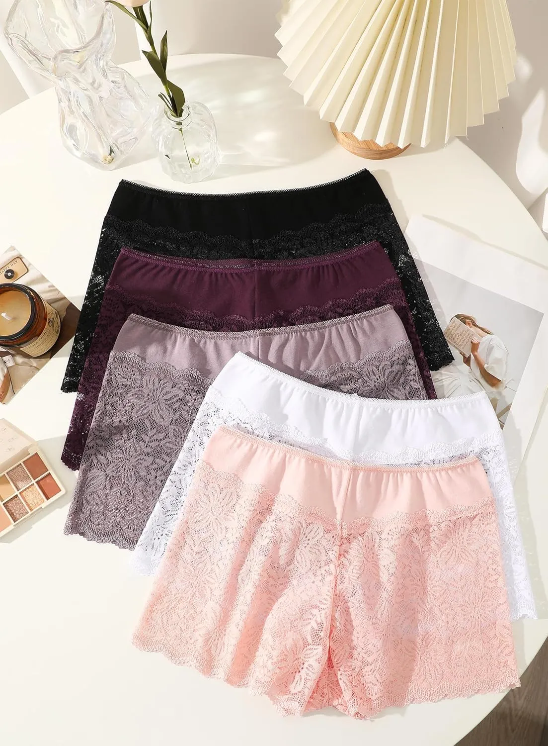 Womens Underwear Lace Boy Shorts Breathable Panties Stretch Cotton Waistband Underwear Women 5 Pack