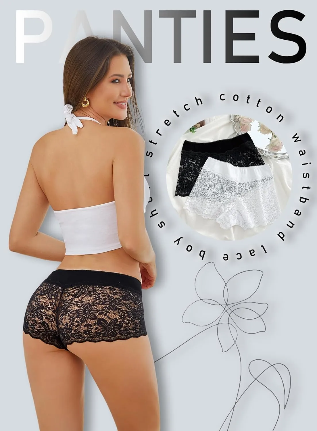 Womens Underwear Lace Boy Shorts Breathable Panties Stretch Cotton Waistband Underwear Women 5 Pack