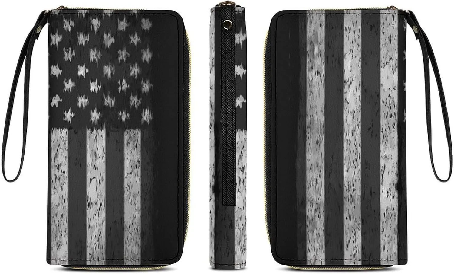 Women's Vintage Retro American Flag Black PU Leather Clutch with Wristlet, 7.8x4.1x1.4 Inch Compact Wallet for Daily Essentials, Fashionable and Functional Design