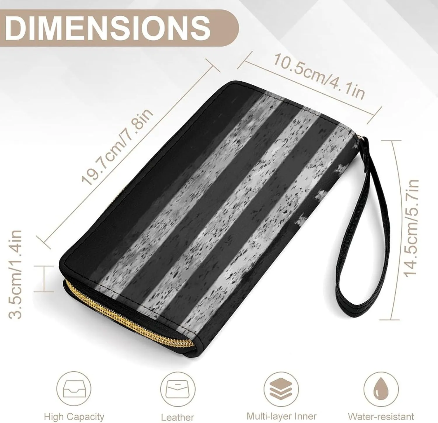 Women's Vintage Retro American Flag Black PU Leather Clutch with Wristlet, 7.8x4.1x1.4 Inch Compact Wallet for Daily Essentials, Fashionable and Functional Design