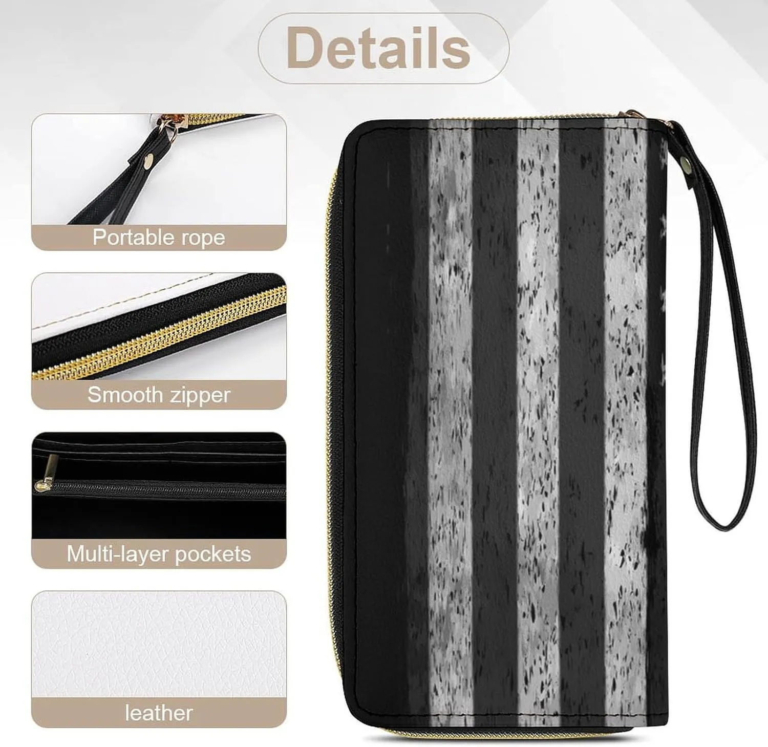 Women's Vintage Retro American Flag Black PU Leather Clutch with Wristlet, 7.8x4.1x1.4 Inch Compact Wallet for Daily Essentials, Fashionable and Functional Design