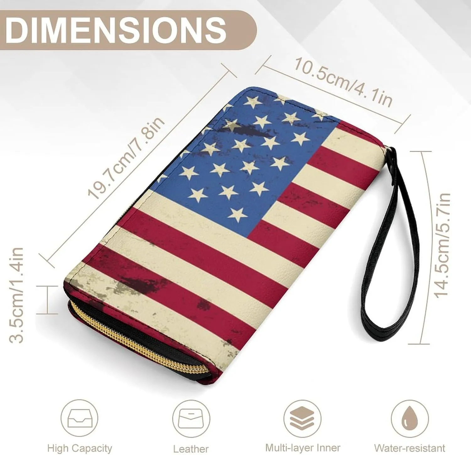 Women's Vintage Retro American Flag PU Leather Clutch with Wristlet, 7.8x4.1x1.4 Inch Compact Wallet for Daily Essentials, Fashionable and Functional Design