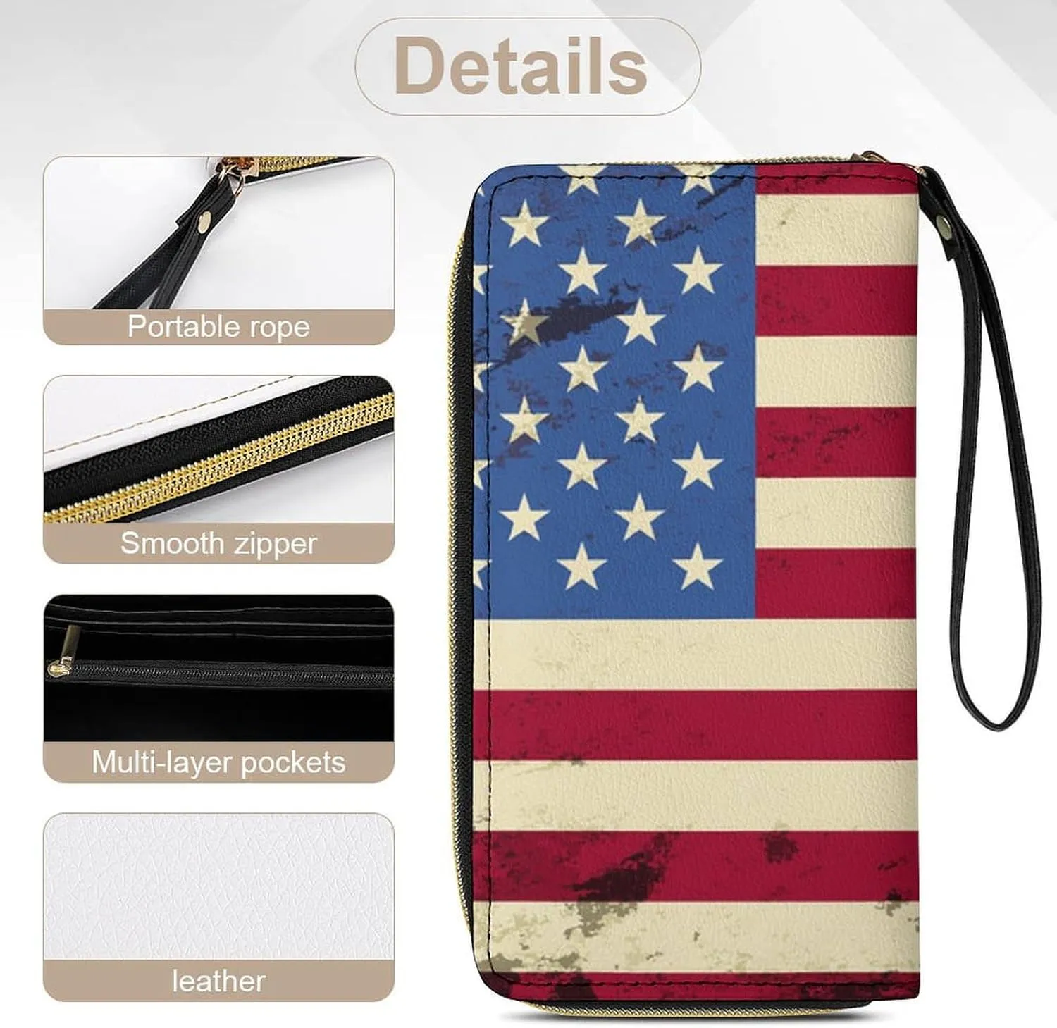Women's Vintage Retro American Flag PU Leather Clutch with Wristlet, 7.8x4.1x1.4 Inch Compact Wallet for Daily Essentials, Fashionable and Functional Design