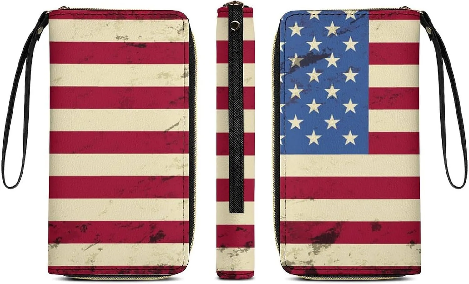 Women's Vintage Retro American Flag PU Leather Clutch with Wristlet, 7.8x4.1x1.4 Inch Compact Wallet for Daily Essentials, Fashionable and Functional Design