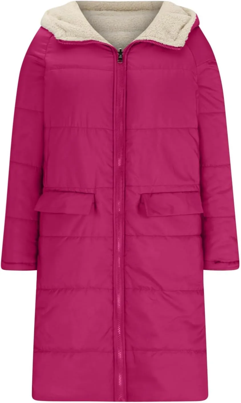 Womens Winter Coats Long Sherpa Fleece Lined Reversible Jacket Warm Faux Fur Coat Zip Up Quilted Outerwear with Hood