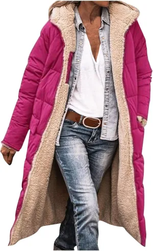 Womens Winter Coats Long Sherpa Fleece Lined Reversible Jacket Warm Faux Fur Coat Zip Up Quilted Outerwear with Hood
