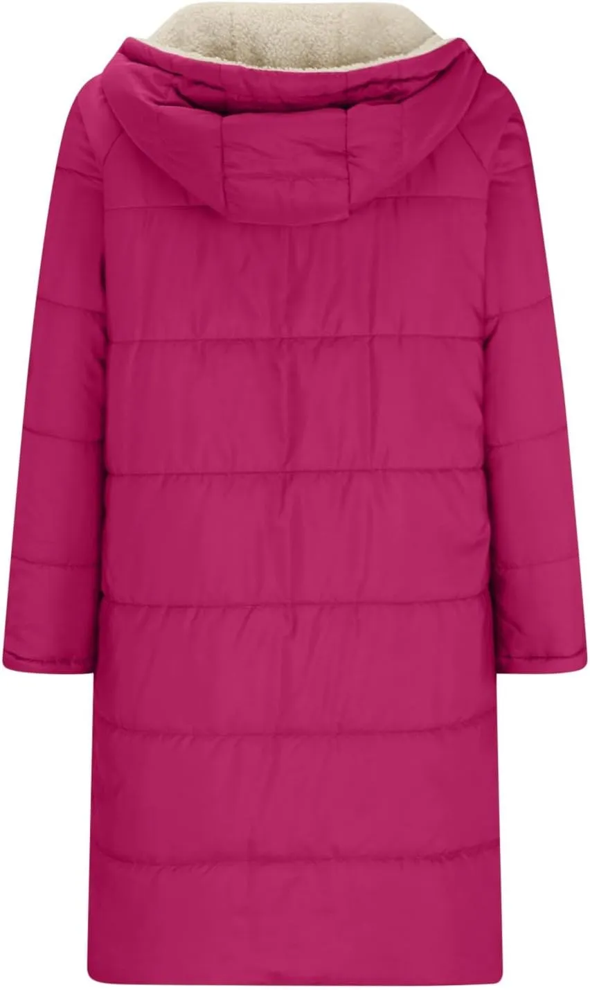 Womens Winter Coats Long Sherpa Fleece Lined Reversible Jacket Warm Faux Fur Coat Zip Up Quilted Outerwear with Hood