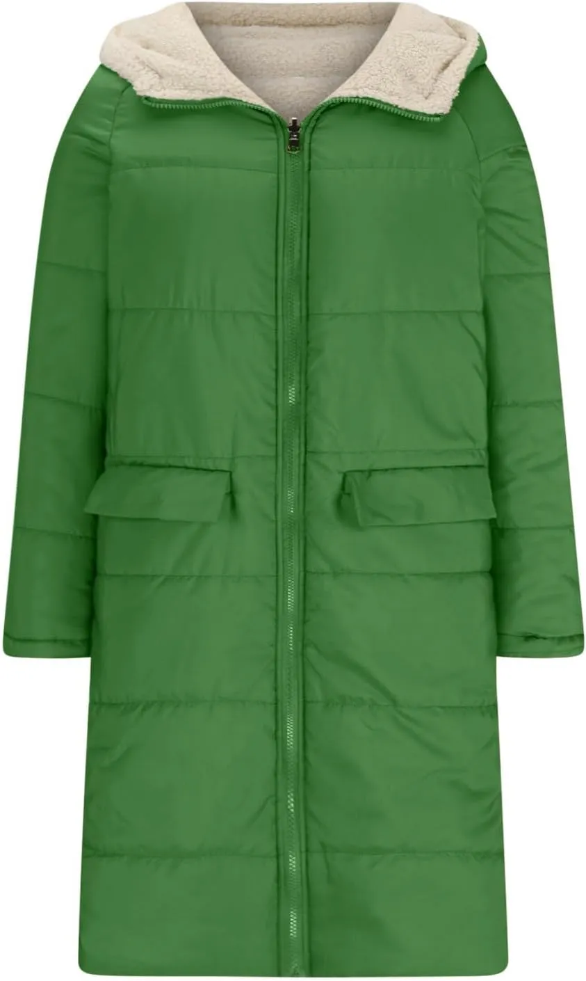 Womens Winter Coats Long Sherpa Fleece Lined Reversible Jacket Warm Faux Fur Coat Zip Up Quilted Outerwear with Hood