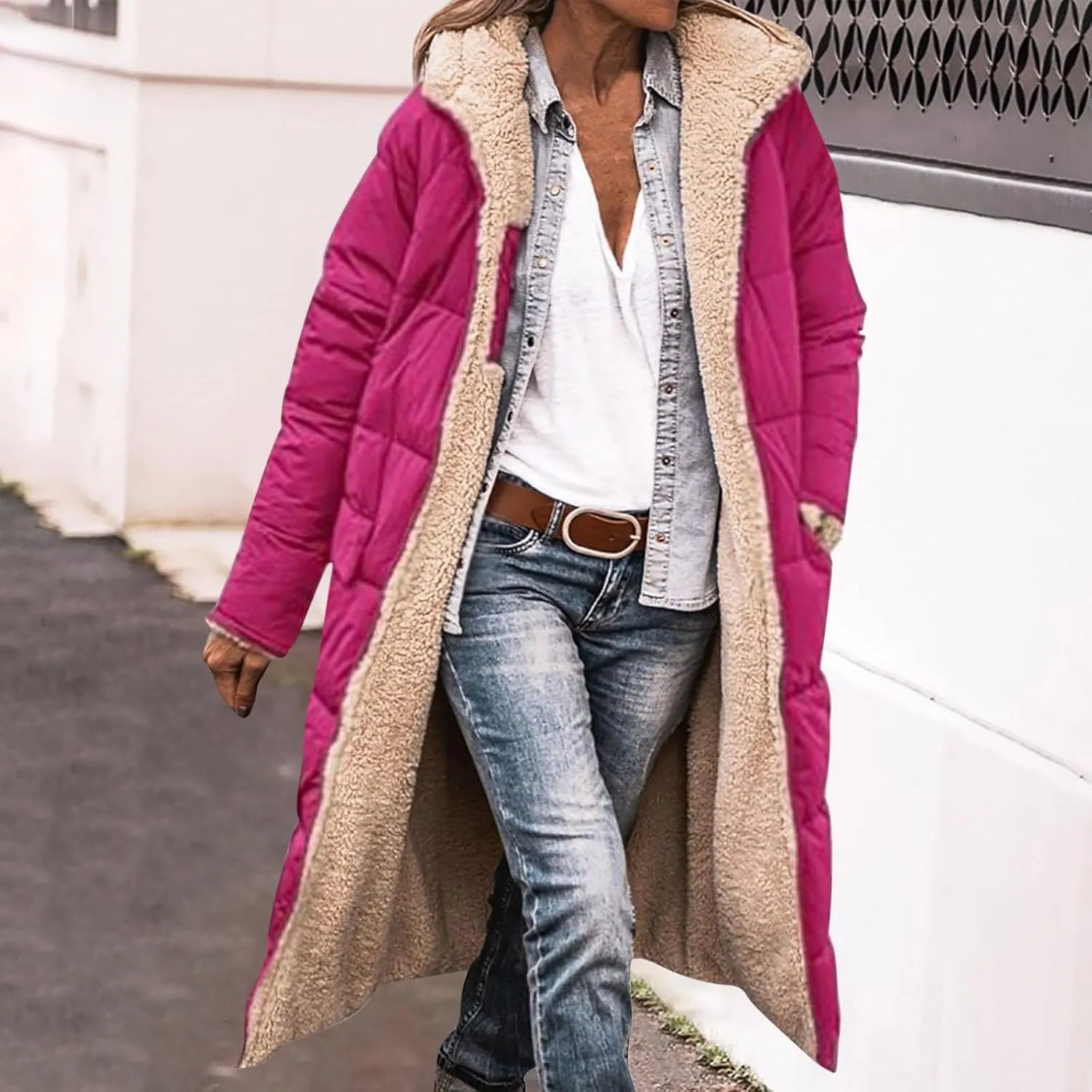 Womens Winter Coats Long Sherpa Fleece Lined Reversible Jacket Warm Faux Fur Coat Zip Up Quilted Outerwear with Hood