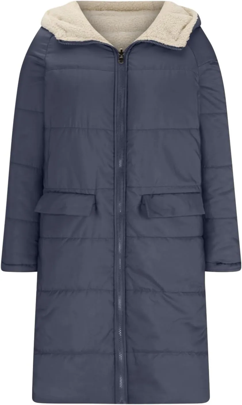Womens Winter Coats Long Sherpa Fleece Lined Reversible Jacket Warm Faux Fur Coat Zip Up Quilted Outerwear with Hood