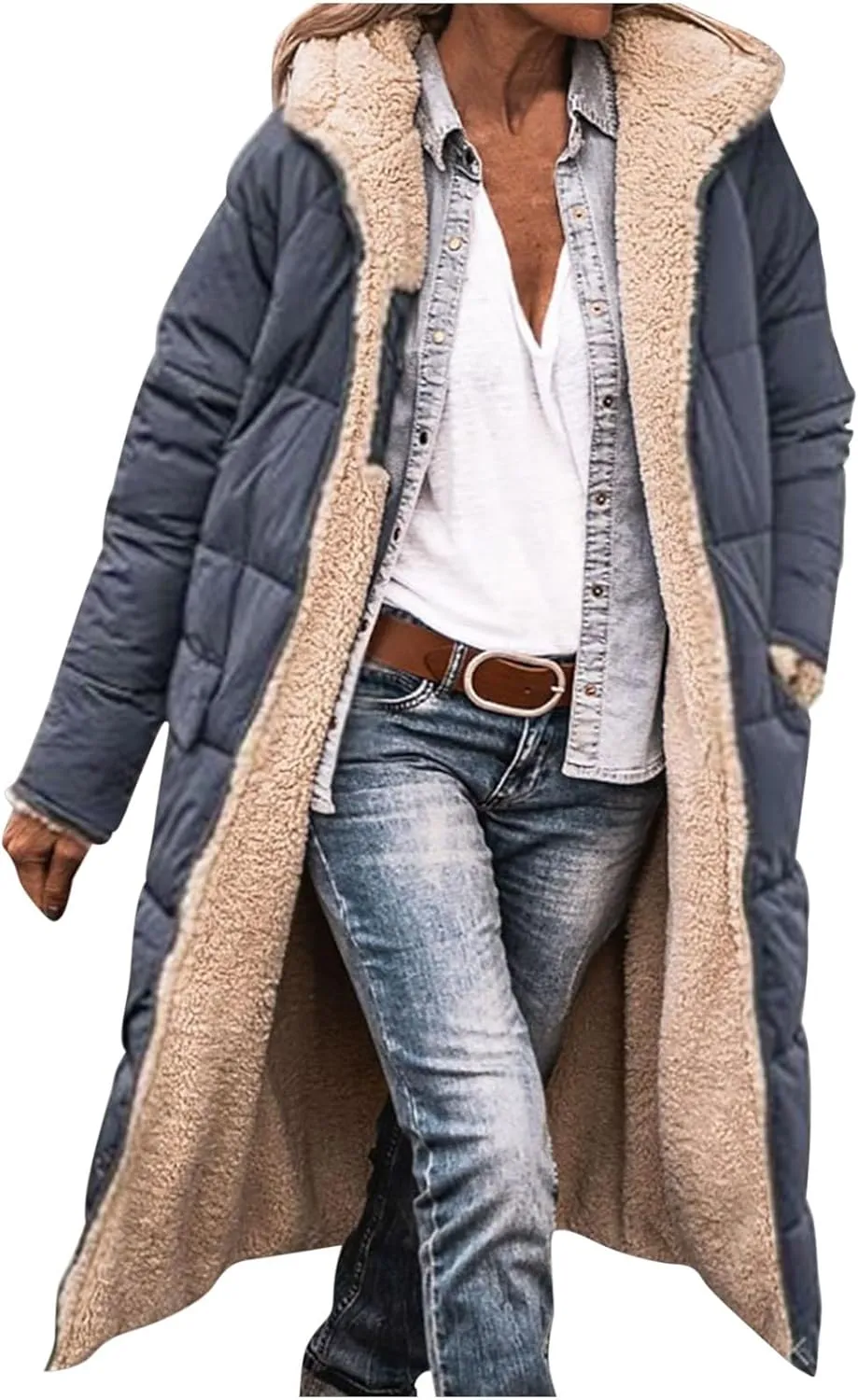 Womens Winter Coats Long Sherpa Fleece Lined Reversible Jacket Warm Faux Fur Coat Zip Up Quilted Outerwear with Hood